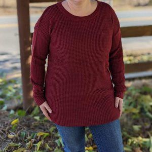 New Zenana Premium Waffle Light Weight Long Sleeve Sweater Burgundy sz 1X